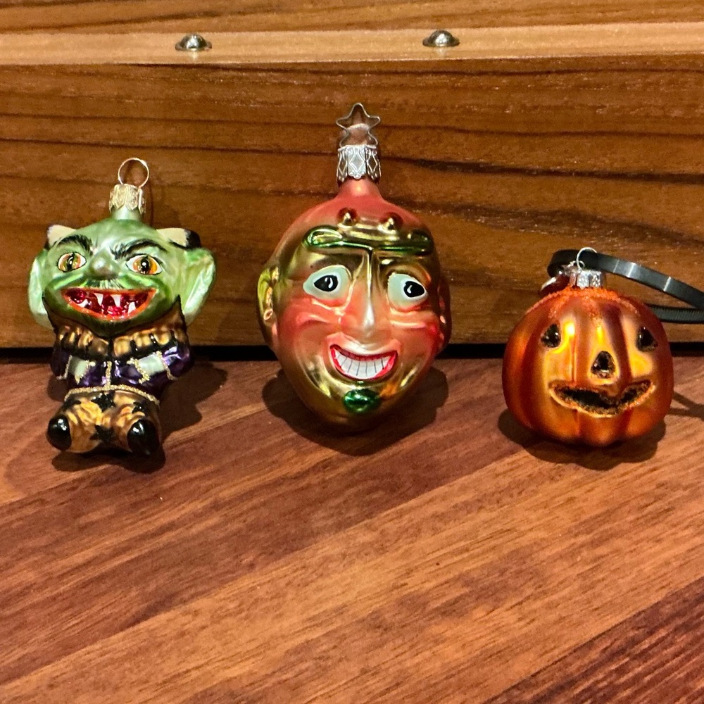 VINTAGE HALLOWEEN HAND BLOWN ORNAMENTS BUNDLE OF 3-GOBLIN PUMPKIN AND MONSTER